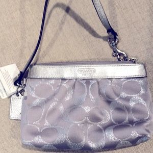 Coach Pleated Silver/grey Glitter Wristlet NEW